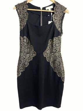 Erin by Erin Fetherston Shelby Black Gold Appliqué Sheath Cocktail Dress Size 4